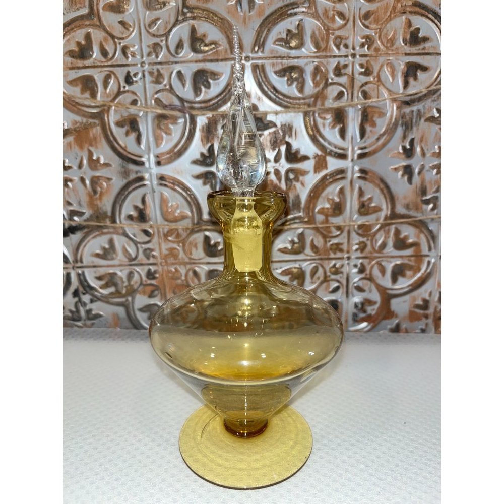 Vintage Handblown Amber Vanity Perfume Bottle with Clear Teardrop Shaped Stopper